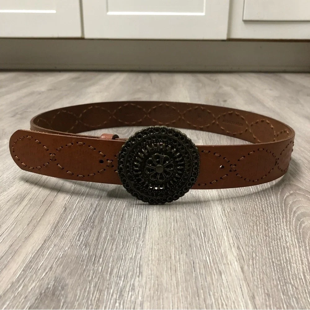 Fossil Vintage Wide Leather Belt with Circle Belt Brass Buckle Size Medium